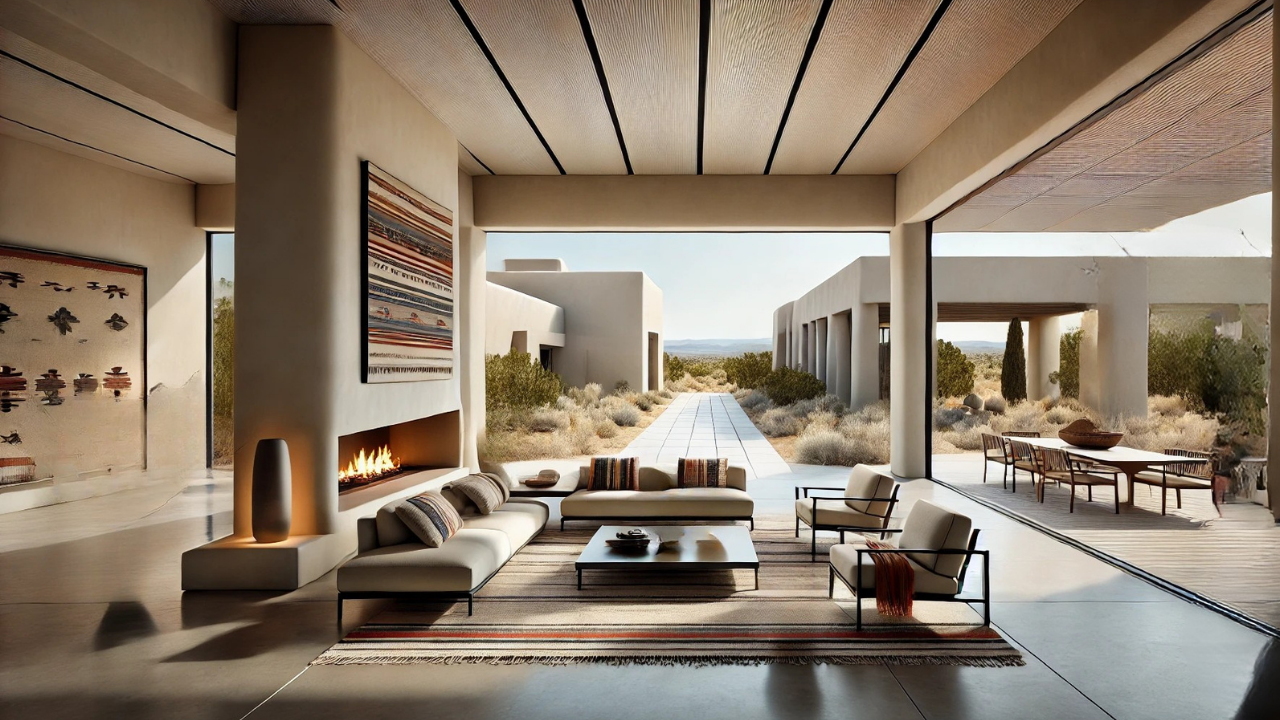 Warm beige minimal living room interior with natural light and elegant furnishings
